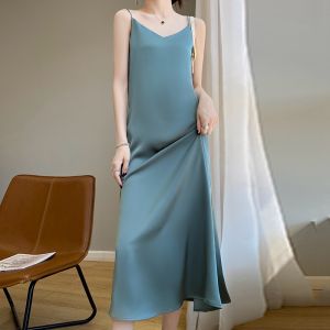 ผ้าไหมชีฟองคอตัก Vestido Elegante Mujer ฤดูร้อนหลวม Fit กระโปรงยาวความรู้สึกการออกแบบฝรั่งเศสและพื้นผิวผ้าไหมหม่อน