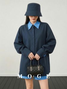 Faux Layered Color Block Notch Collar Loose Shirt