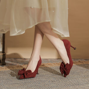 Red Velvet Butterfly Knot High Heels Gentle Evening Wind Skirt Single Shoes Retro Style Fashionable Ladies Shoes for Wedding