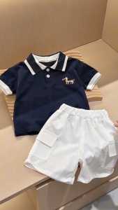 Baby Boys Terno 2‑Piece Set 0‑5Y Horse Embroidery Contrast‑Collar Polo Top White Cargo Shorts Kids Boys Clothes Set Summer Casual Cotton Children Outdoor Outfit