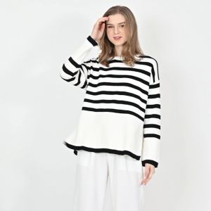 QUEENTIN Sweater Rajut Casual Wanita 5269 Knit Stripe Kombinasi Strecth Lengan Panjang