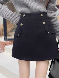 Black Woolen Mini Skirt Womens Autumn Winter New Style Slimming A-Line Short Skirt High Waist Small Size Fragrance Style