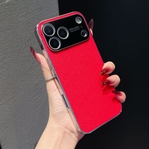 Luxury Litchi Leather Texture Phone Case For iPhone 17 Air 16 15 14 13 12 11 Pro Max Plus Large Window Lens Protect Bumper Cover