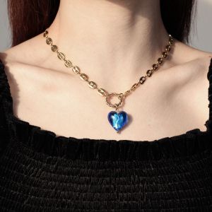 Designer Blue Gem Heart Necklace Fashionable Trendy Waterdrop Unique Clavicle Chain Jewelry Accessories Couple Matching
