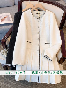 plus Size Autumn Winter Dress High Waist Nine Sleeve Womens Fashion Slimming Pleated Skirt Single Button round Neck Dress