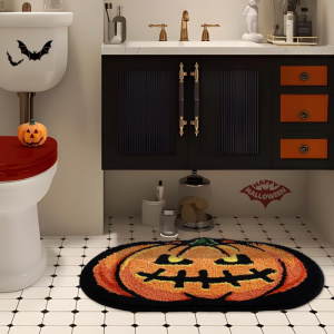 VIKAMA Halloween Pumpkin Head Shaped Bath Mat Soft Fluffy Non‑Slip Water Absorbent Bathroom Floor Mat Holiday Home Decor