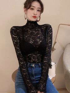 Lace Base Shirt High Collar Womens Inner Wear Netting Underwear Fashionable Autumn Winter New Style Sleeve Long Polyester Nylon