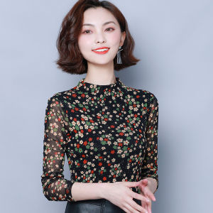 Spring Floral Slim Fit Long Sleeve T-Shirt Womens Top 2025 New Style Half High Collar Fashionable Print Mesh Base Shirt