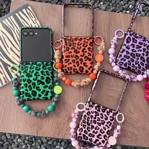 Leopard Print PU Leather Phone Case For Samsung Galaxy Z Flip 8 7 6 5 4 Beads Hand Chain Hinge Full Protection Shockproof Cover