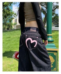 Womens Pink Heart Print Denim Straight Leg Jeans Loose Casual Floor-Length Long Pants Ladies Loose Fit Original Style
