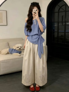 Ge·an·fei | Stylish Blue One-shoulder T-Shirt and Wide-leg Pants Set