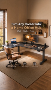 BLH L-Shape Electric Height Adjustable Desk Carbon Fiber Top Multifunctional Corner Gaming Computer Table with Free Monitor Stand for Home Office & Gaming Use