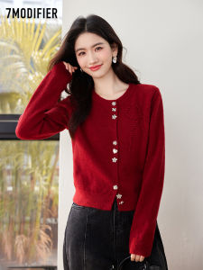 Lachapelle Red Butterfly Knot Sweater Womens Fashion Knitted Cardigan Spring Festival Celebration Regular Fit Long Sleeve