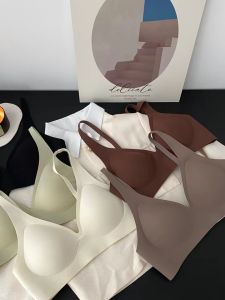 Wireless Seamless Soft Support Thin Fixed Cup Bra Nylon Fabric V-Neck Double Shoulder Strap for Young Women Youthful Style