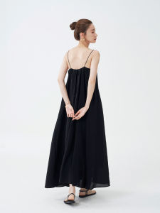 Minimalist V-Neck Back Rope Black Maxi Dress