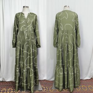 Abstract Line Print Muslim Abaya V Neck Button Front Tiered Loose Lantern Sleeve Modest Casual Maxi Dress Ramadan Eid Daily Wear