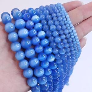 4/6/8/10/12mm Natural Stone Beads Smooth Round Blue Cat Eye Beads Loose Spacer Bead For DIY Jewelry Making Bracelet Necklace