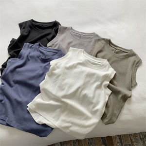 เสื้อกั๊กแขนกุดคอตตอนลินินสไตล์ย้อนยุคสำหรับผู้หญิงในช่วงฤดูร้อน หลวมๆ กระชับสัดส่วน คอตตอนลินินลายไม้ไผ่ สีสันสดใส เสื้อตัวบนแบบสวมหัว