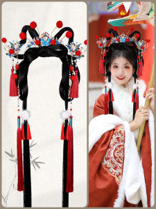 อุปกรณ์ทำผมแบบอินเทอร์เฟซแบบหนึ่งชิ้นสไตล์จีนโบราณ ขนแกะ ขนแกะ ตกแต่งด้วยโบว์และลูกปัด สำหรับการแสดงละครเวที