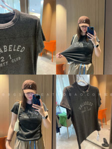 Áo Thun Nữ Dáng Ôm Mùa Thu 2025 in Chữ Màu Xám Đậm Tay Ngắn Thiết Kế Ghép Nối Co Giãn Cao Thời Trang Thường Ngày