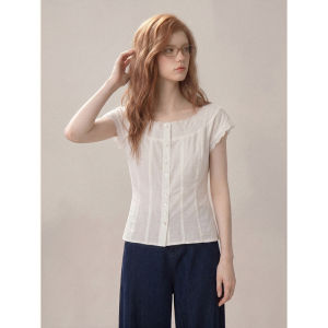 KBVVR | Lace Edged Short Sleeve Shirts Slim Waist Flared Sleeves Summer Tops