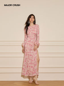 Gentle Hazy Floral Lace Applique Side Slit Long Dress