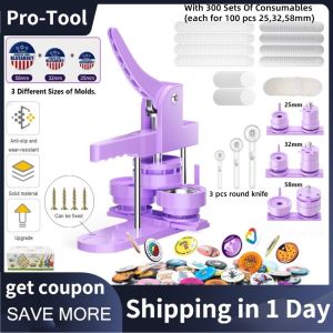 ⭐Fast Shipping+COD⭐ Button Badge Maker Machine Different Size Mold 25/32/58mm Mold DIY Badge Pin Maker Machine Kit With 300pcs Badge Parts/Pic/Circle Cutter&Purple For Family Childrens Gifts Holiday Gift