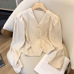 Elegant French V-neck Padded Shoulder Bubble Sleeve Shirt Womens Fashion Spring New Short Top Quality Silk Korean Style