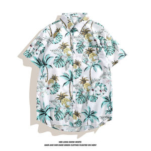 เสื้อเชิ้ตลายดอกไม้ฮาวายแขนสั้นหลวมๆ สไตล์ชายหาด ย้อนยุค สตรีทแวร์ เสื้อคลุมกันหนาว ผ้าฝ้ายผสมโพลีเอสเตอร์ ฤดูร้อน