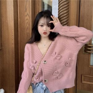 เสื้อกันหนาวผู้หญิง เสื้อคาร์ดิแกนถัก คอวี เสื้อตัวบน เสื้อคลุมหลวมๆ โบว์ สอง กระดุม ดีไซน์