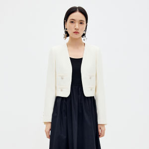 Sedate White Short Coat Collarless Commute Outerwear Womens Fashion Spring 2025 New Arrival Versatile Long Sleeve Solid Color