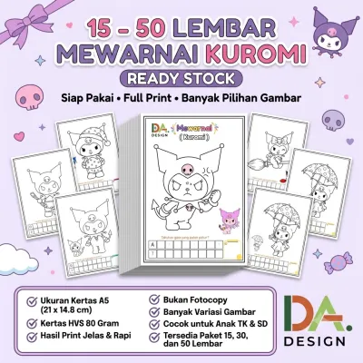 15 - 50 Lembar Mewarnai Kuromi Bahan Kertas HVS A5 80 Gram