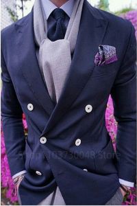 Navy Blue Mens Suit Blazer Prom Party Groom Tuxedos Peak Lapel Double Breasted Formal Bussiness Jacket for WeddingOnly Coat
