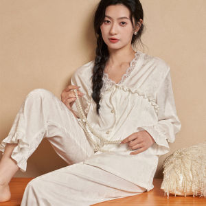 Womens Sleepwear Ice Silk Long Sleeve V-Neck Home Clothes Set Spring Summer New Style Pure Desire Wind Silk White Home Sweet Home