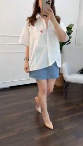 KEMEJA WANITA BORDIR PITA LENGAN PENDEK KATUN POPLIN