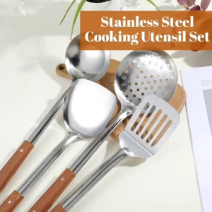 Aka 3-in-1 Stainless Steel Kitchen Tool Set with Wooden Handle - Soup Ladle Cooking Spatula Oil Skimmer Smooth Edges Dishwasher Safe All-in-One Time-Saving Solution for Efficient Meal Preparation