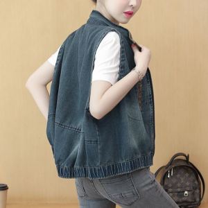 Summer Womens Denim Vest Short Sleeveless Fashion Splicing Loose Fit Polo Collar Zipper Closure Commute Style Outerwear