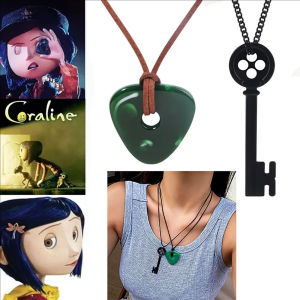 Movie Coraline Seeing Stone Pendant Necklace Green Stone Key Pendant Necklace Key buckle Laika Cosplay Costume Jewelry 