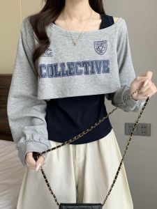 Áo Nỉ Hở Vai Màu Xám Cho Nữ Đầu Thu Phong Cách Jazz Sườn Xám Áo Nỉ Hai Mảnh Thời Trang Thường Ngày Dài Tay in Chữ