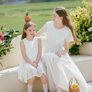 XIANGYING | Parent-Child White Round Neck Heavy Embroidery Sweet Summer Midi Dress