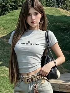 Đầm Ngắn Tay In Chữ Phong Cách Tối Giản Dành Cho Nữ Kiểu Dáng Ôm Sát Cổ Tròn Chất Liệu Polyester Và Elastane Phong Cách Mỹ Dành Cho Mùa Hè.