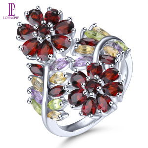 Lohaspie Jewelry Genuine 4.5 Carats Ring Silver 925 Original Sale Natural Garnet Ring Multicolor Gemstone 925 Silver Ring With Stone Garnet Birthstone Ring For Women Jewelry
