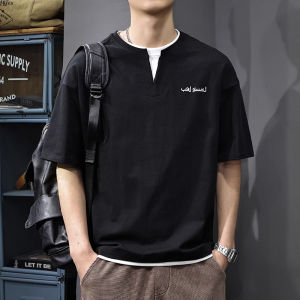 Summer New Mens Short Sleeve T-Shirt Fake Two-Piece Casual Style Breathable Cotton round Neck Loose Fit Fashionable Top
