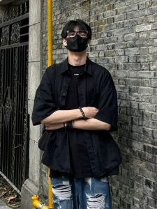 Black Short Sleeve Summer Mens Shirt American Fashion Brand Fancy Half Sleeve Teenagers Handsome Shirt Coat