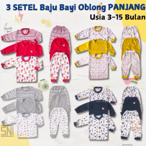 3 Setel Baju Bayi Set Oblong Lengan Celana Panjang 3-15 Bulan Pakaian Daily Anak Bahan Lembut Motif Lucu