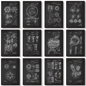 Engine motor technician blueprint retro mechanical enthusiast wall art decoration living room home decoration canvas picture