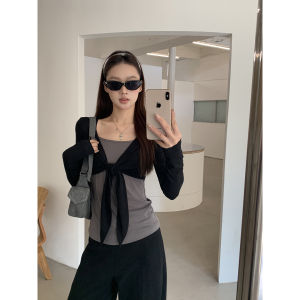Long Sleeve Womens T-Shirt Slim Fit Grey Mock Layered Design