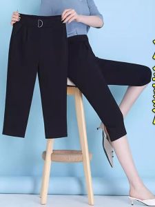 Ladies Summer Thin Ice Silk High Waist Capri Pants Casual Loose Fit Large Size Mid-Calf Jeans with Bow Tie Accessories