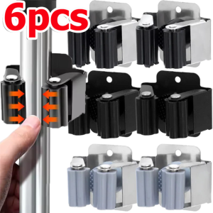 6pcs Stainless Steel Wall Mounted Mop Holder with Screws / Multipurpose Simple Anti-slip Mop Broom Clip / Household Bathroom Storage Tools / Mop Broom Organizer Holder