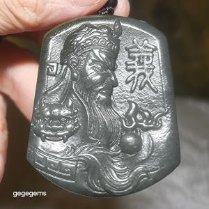 Premium Nephrite light blue green caramel brown Guan Gong (Guan Yu) Pi Xiu Good Luck pendant (with certificate)